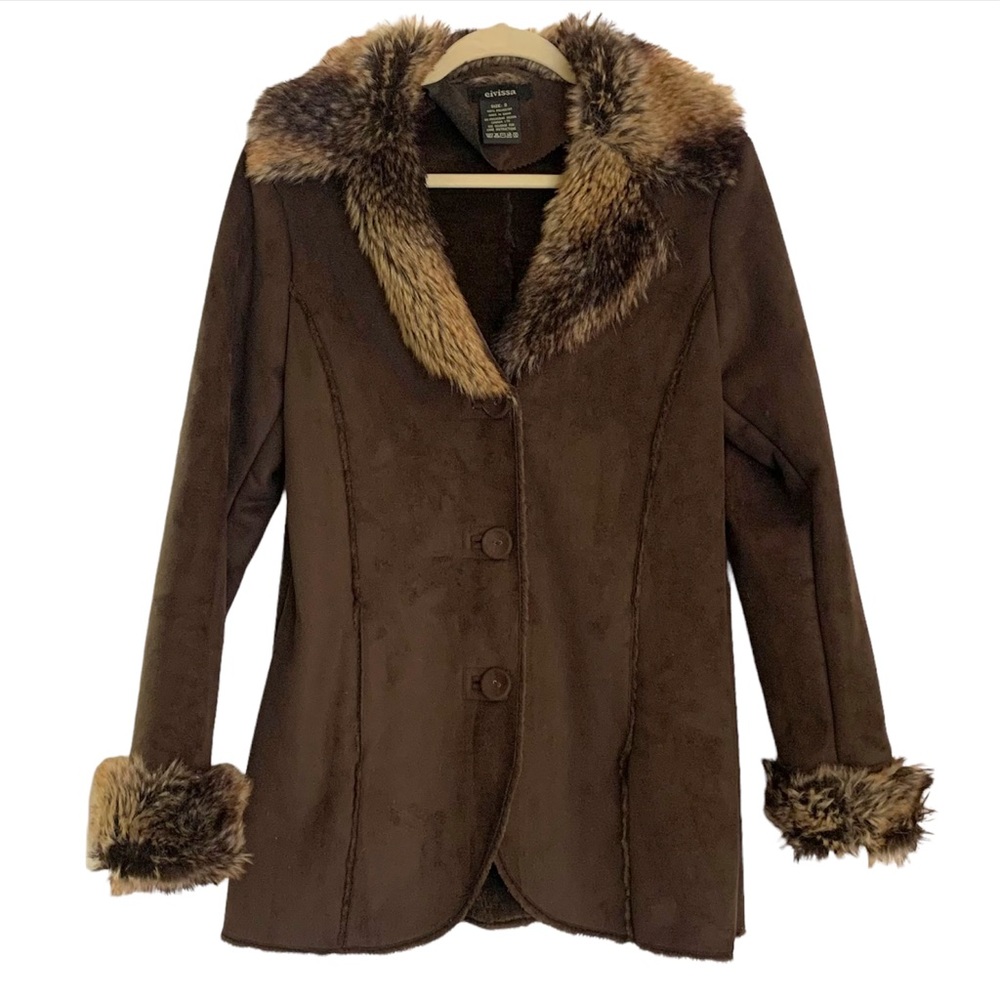 EIVISSA Faux Suede and Faux Fur Button Front Coat Jacket. Women’s SZ S